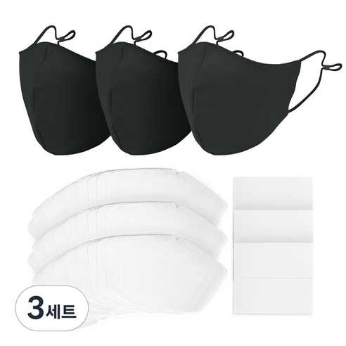 에코리즈 필터교체형 면 마스크 블랙 3p+ 교체 필터 30p + 수용성밴드 60p 세트, 3세트
