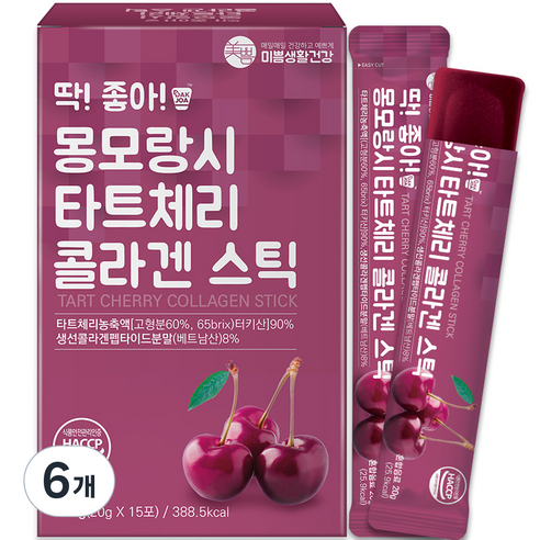 미쁨생활건강 딱 좋아 몽모랑시 타트체리 콜라겐 젤리 스틱 15p, 15회분, 300g, 6개
