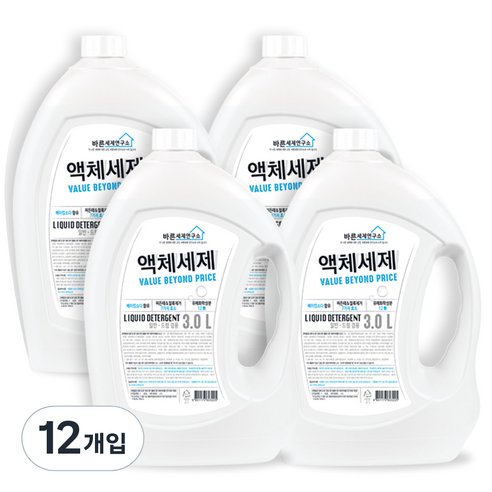바른세제연구소 베이킹소다 액체세제, 3L, 12개입