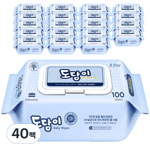 도담이 디럭스 엠보 유아물티슈 캡형, 100매, 40팩