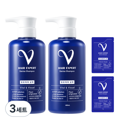 유한양행 브이헤어엑스퍼트 더마 탈모완화 샴푸 480ml x 2p + 볼륨플러스 8g x 2p 세트, 480g, 3세트