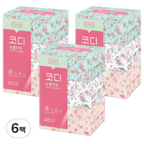 코디 뉴플라워 천연펄프 미용티슈 250매, 3개입, 6팩