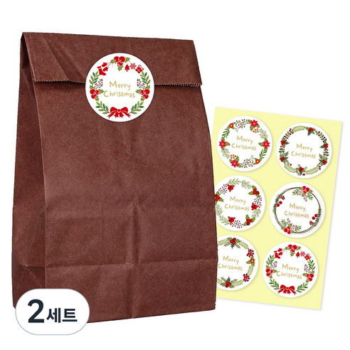종이봉투 중 50p + 크리스마스 스티커 54p, 브라운, 2세트