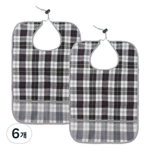 하늬통상 성인용 체크무늬 양면 턱받이, 블랙체크, 6개