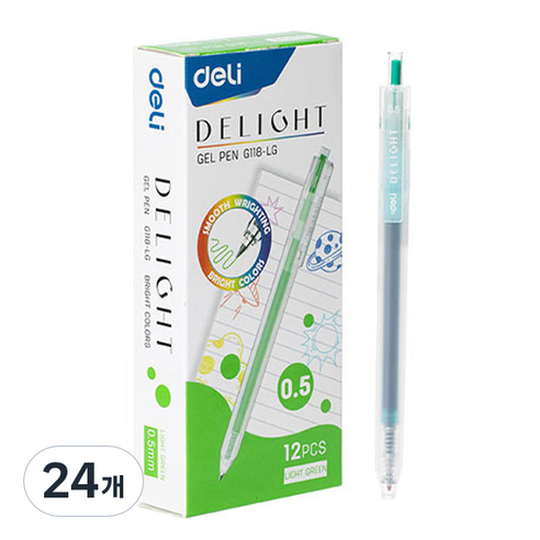 델리 델라이트 퀵드라이 노크식 젤잉크펜 0.5mm EQ118, 라이트그린, 24개