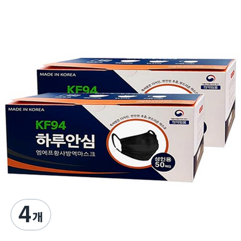 하루안심 황사방역 마스크 성인용 KF94, 50개, 4개, 블랙