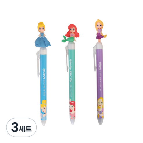 디즈니프린세스 마스코트 퀵 드라이 흑색 젤 펜 3종 세트 0.5mm, 신데렐라, 인어공주, 라푼젤, 3세트