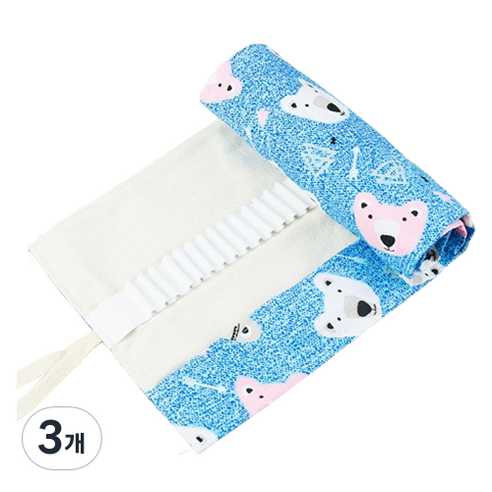 쁘띠양 귀여운 무늬 캔버스 롤형 필통 24홀, 곰, 3개