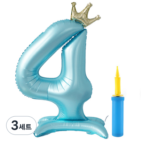 올리브파티 대형 스탠딩 왕관 생일 풍선 숫자4 + 손펌프 세트, 블루(풍선), 3세트
