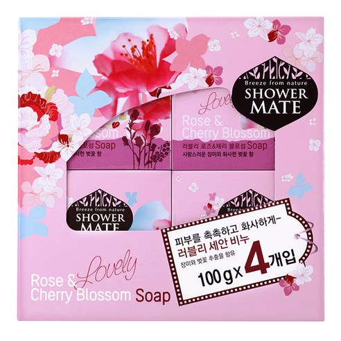 샤워메이트 러블리 로즈 & 체리 블라썸 세안 비누, 100g, 4개, 4개