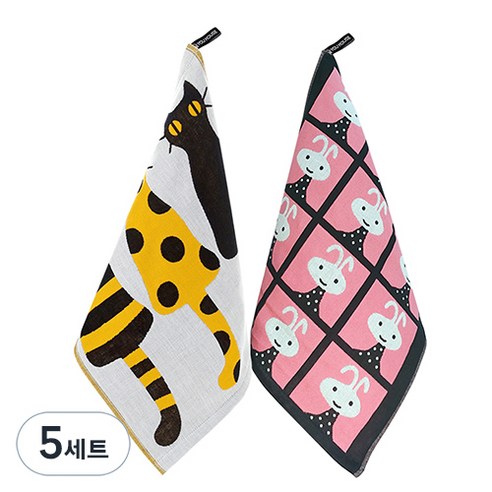 북유럽풍 순면 일러스트 면행주 2종 세트, 5세트, 014 쓰리캣옐로, 랜덤발송