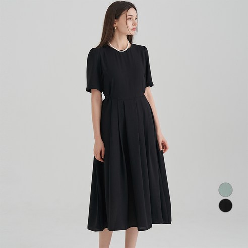 ELLE PARIS 여성용 라운드넥 핀턱 플레어 반팔 원피스