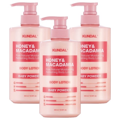 쿤달 허니 앤 마카다미아 퓨어 바디로션 베이비파우더향, 500ml, 3개