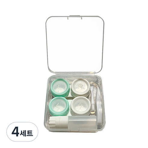 알럽뷰 휴대용 콤팩트 렌즈케이스 2p + 보관함 + 집게 2p 세트, 라운드 그린화이트, 4세트