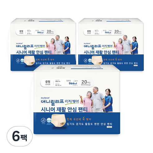 애니릴리프 남녀공용 이지케어 속귀저기 보송 라운드형 성인기저귀, 중형, 20매입, 6개