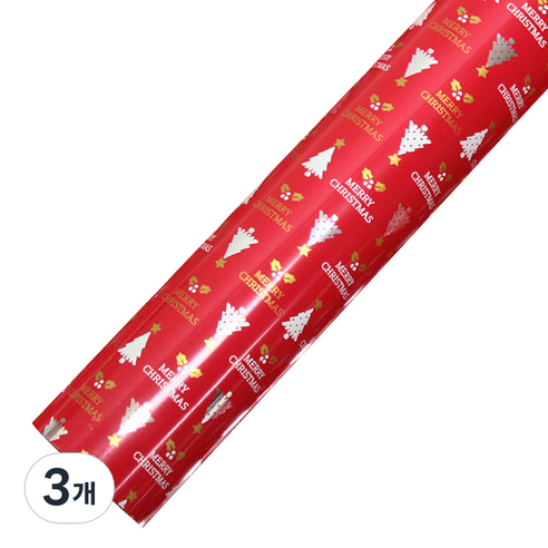크리스마스 비닐 증착롤 포장지 53cm x 17m, 골드트리 레드, 3개