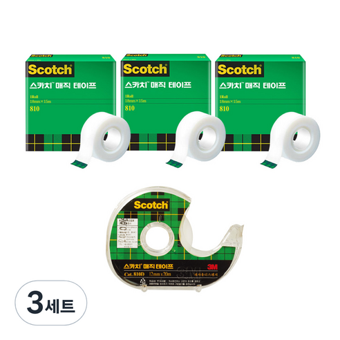 쓰리엠 스카치 매직 테이프 리필 810 12mm x 18m 3p + 디스펜서 810D 12mm x 20m, 혼합색상, 3세트