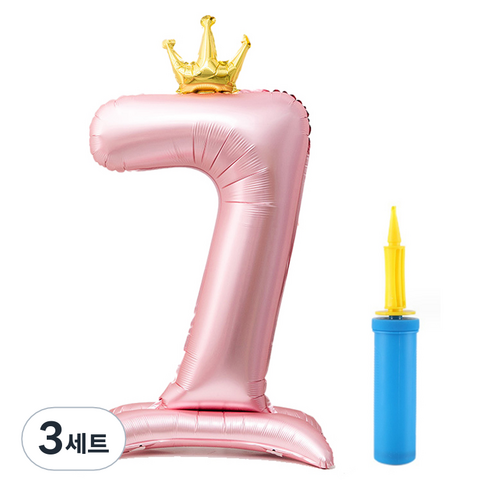 올리브파티 초대형 스탠딩 왕관 숫자 생일풍선 + 손펌프 세트, 핑크(숫자7), 3세트