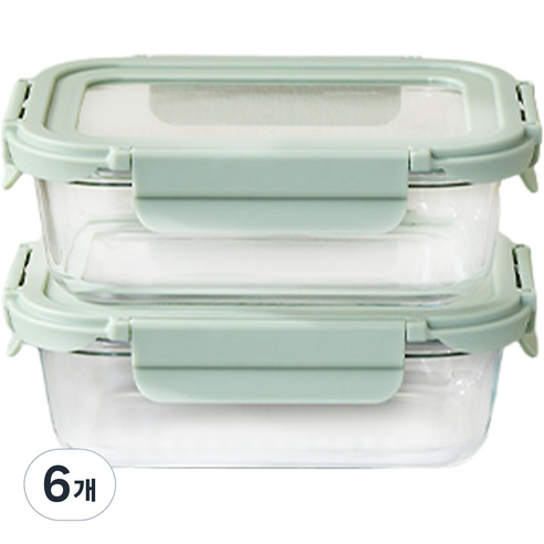 모던하우스 클리어글라스 오븐용 밀폐용기 직사각 640ml, 그린, 6개, 밀폐용기 2p