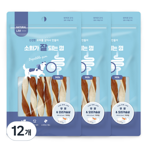 네츄럴랩 소화가 잘되는 껌 강아지 간식 100g, 12개, 우유 + 오리가슴살 혼합맛
