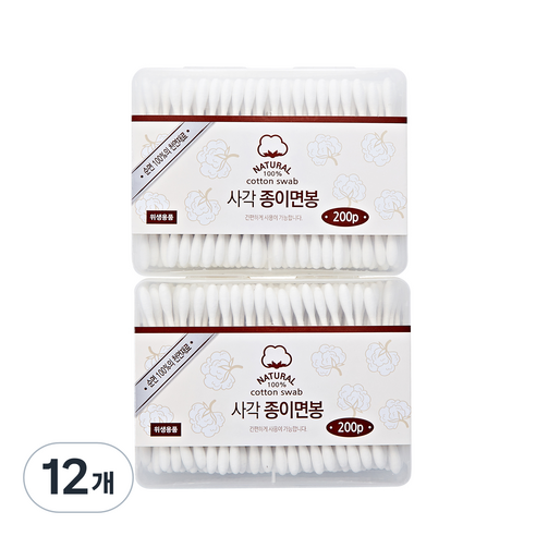 리빙웰 종이사각면봉, 200개입, 12개