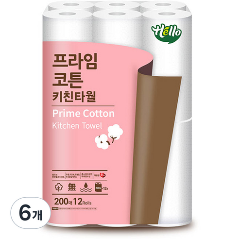 헬로 프라임코튼 천연펄프 키친타올 200매, 12개입, 6개