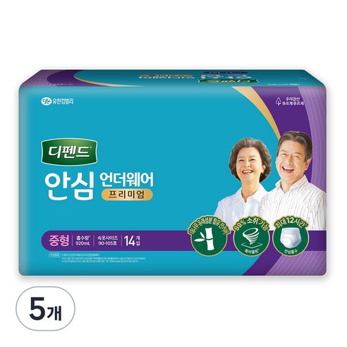 디펜드 남녀공용 안심 언더웨어 프리미엄 성인기저귀, 중형, 14개입, 5개