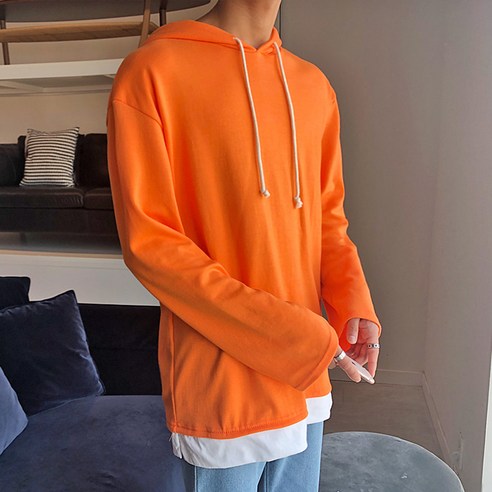 머시따 오버핏 레이어드 무지 후드티, 오렌지