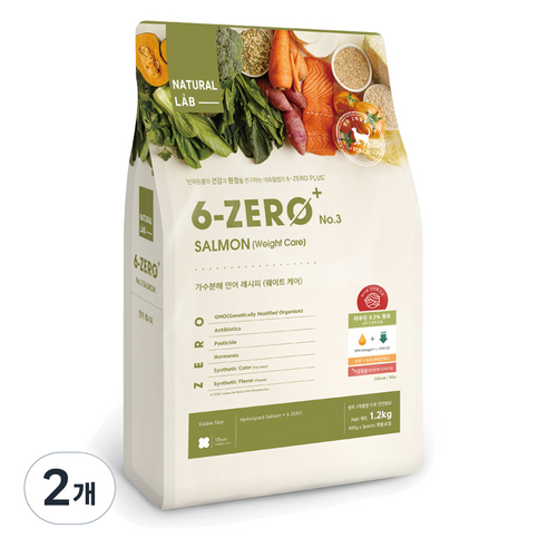 네츄럴랩 전연령용 6-ZERO PLUS CAT 3 건식사료, 가수분해 연어, 1.2kg, 2개