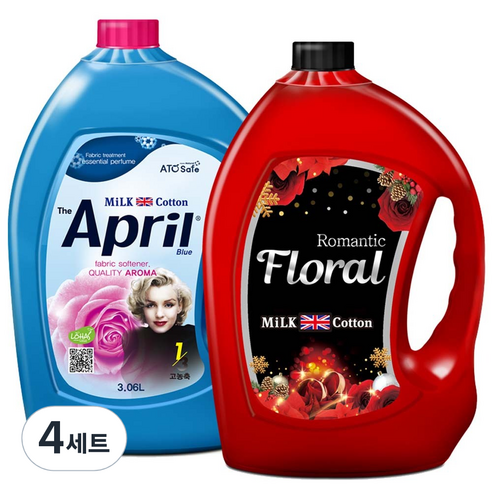 밀크코튼 고농축 섬유유연제 에이프릴향 3.06L + 플로럴향 3.06L, 4세트