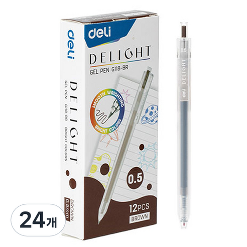 델리 델라이트 퀵드라이 노크식 젤잉크펜 0.5mm EQ118, 브라운, 24개