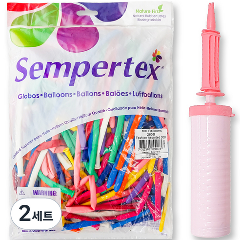 조이파티 셈퍼텍스 요술풍선 260S 100p + 손펌프 세트, 혼합색상(풍선), 마카롱핑크(손펌프), 2세트