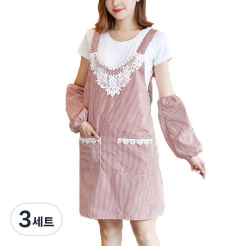 에이홉 간편한 장식 앞치마 + 팔토시, 레드, 3세트