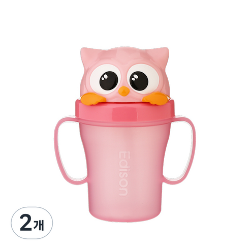 에디슨 국산 프렌즈 흘림방지 빨대컵 3, 부엉이 핑크, 2개, 200ml