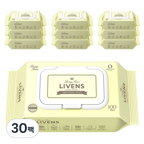 리벤스 유아용 오리지널 플러스 도톰한 저자극 엠보싱 물티슈 캡형 55평량, 100개입, 30개