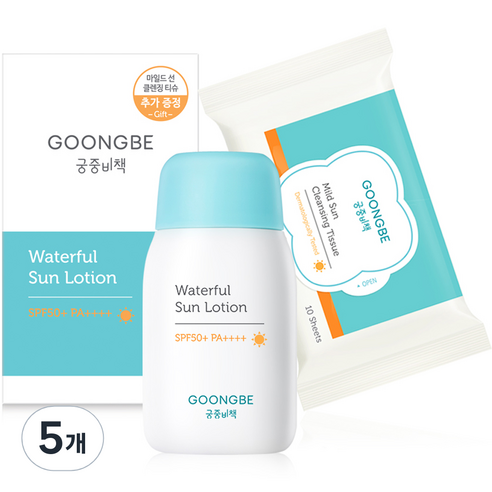 궁중비책 워터풀 선로션 SPF50+ PA++++ & 마일드 선 클렌징 티슈 80g, 5개 세트 유아스킨케어