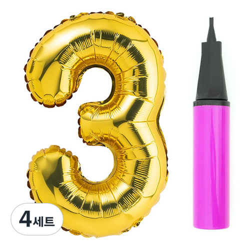 파티팡 숫자 은박풍선 대 골드 + 풍선용 손펌프 세트, 3, 4세트