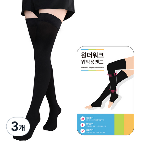 원더워크 의료용 압박용밴드 발막힘 블랙, 3개, 허벅지형