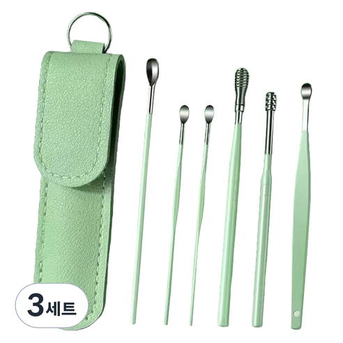 세컨드베스트 나선형 헤드 귀 청소기 귀이개 + 케이스 세트 그린, 3세트