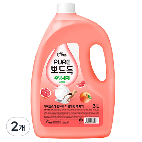 피죤 퓨어 뽀드득 주방세제 자몽향, 2개, 3L