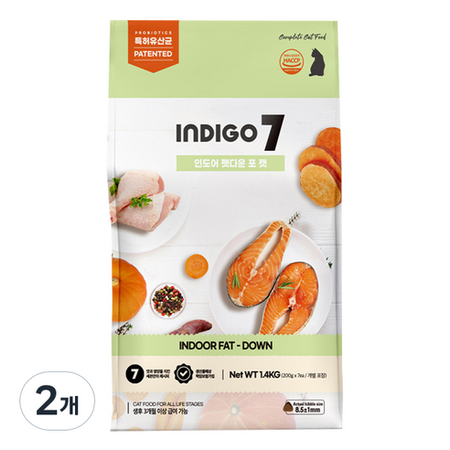 INDIGO 7 3개월 이상용 인도어 프로틴 업 고양이 사료 2개 묶음, 1.4kg, 닭 & 연어 맛