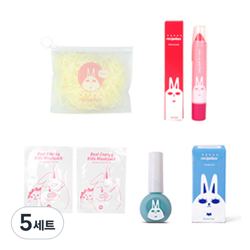 레시피박스 어린이 여행용 심플 메이크업 세트, 휴대용 파우치 + 어린이 마스크팩 2p + 립크레용 + 매니큐어 에너제틱 스카이, 5세트