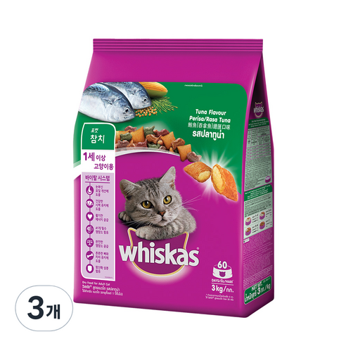 위스카스 고양이 건식사료, 참치, 3kg, 3개