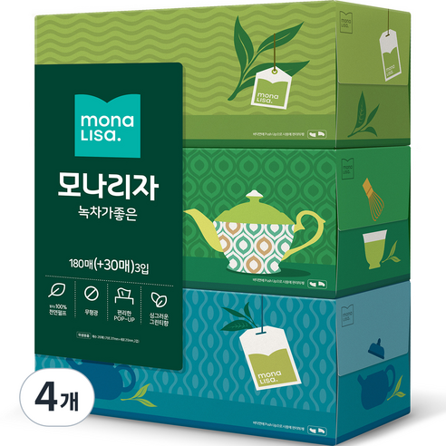 모나리자 녹차가 좋은 미용티슈 2겹 210p, 4개, 3개입
