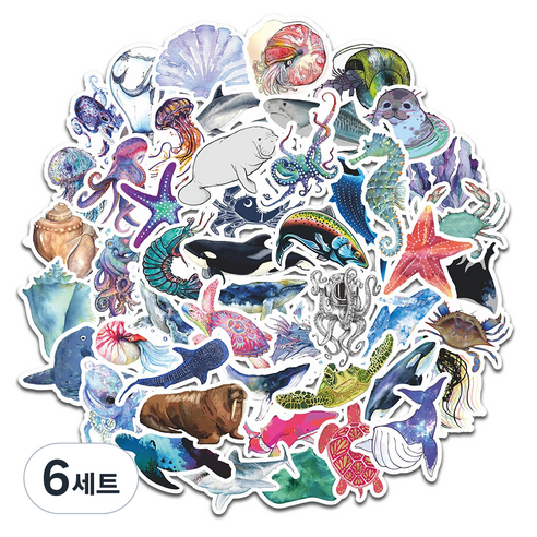 셀렉트스티커 캐리어스티커 노트북 스트릿 sea 바다동물 50종 세트, 혼합색상, 6세트
