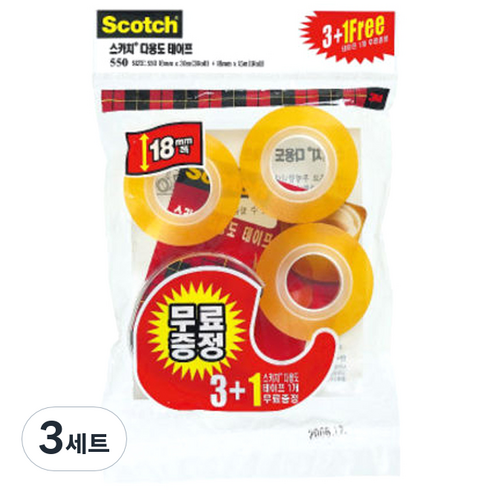 스카치 다용도 셀로판 테이프 디스펜서 + 리필 4롤 18mm, 혼합색상, 3세트