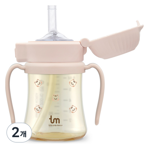토비앤몰리 PPSU 돗람이 원터치 락 빨대컵 180ml, 핑크, 2개