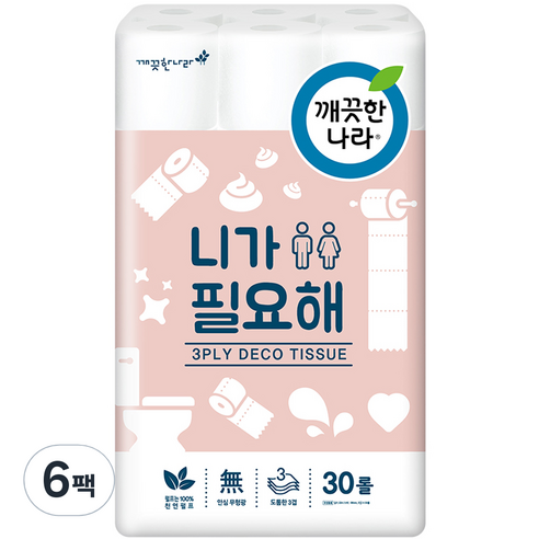 깨끗한나라 3겹 데코 니가 필요해 화장지 22m, 30롤, 6팩