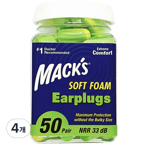 Macks 바이폼 소음방지 이어플러그, 4개, 50쌍
