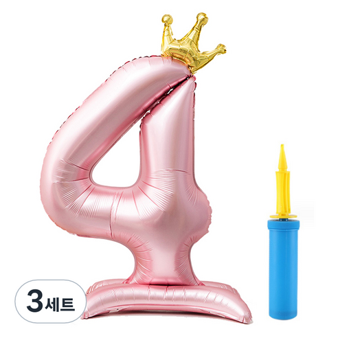 올리브파티 초대형 스탠딩 왕관 숫자 생일풍선 + 손펌프 세트, 핑크(숫자4), 3세트